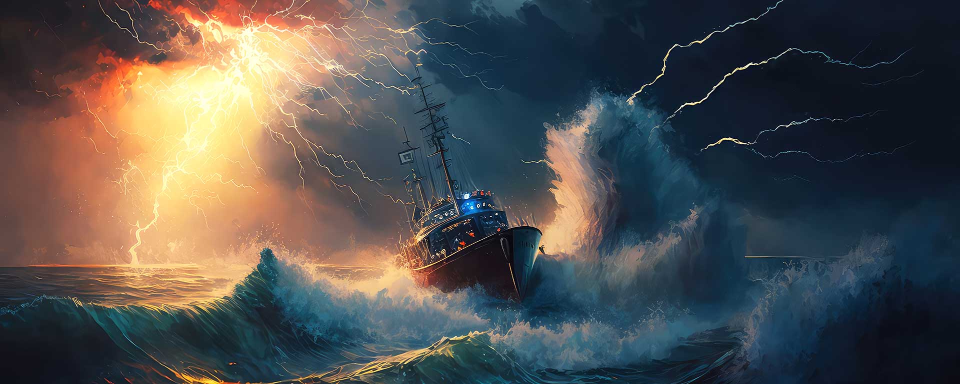 A ship sailing through choppy, stormy waters